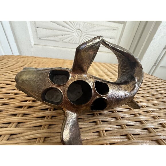 Vintage MCM Japan Bronze Metal Koi Fish Flower Frog Ikebana - Picture 12 of 14